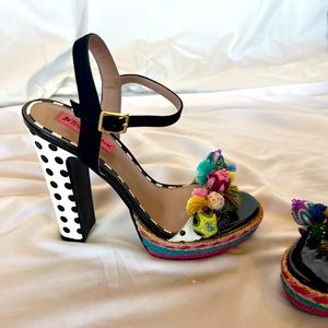 Betsy Johnson Retro high heel strappy platform sandal buckled colorful polka dot